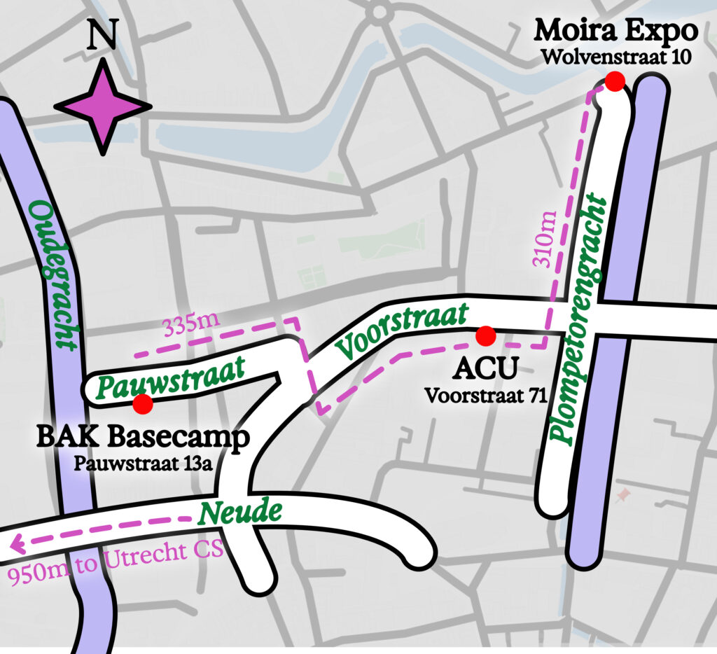 Map for 2026 2.Dh5 edition, outlining the BAK, ACU, and Moira locations and main streets: Pauwstraat, Voorstraat, Plompentorengracht.
